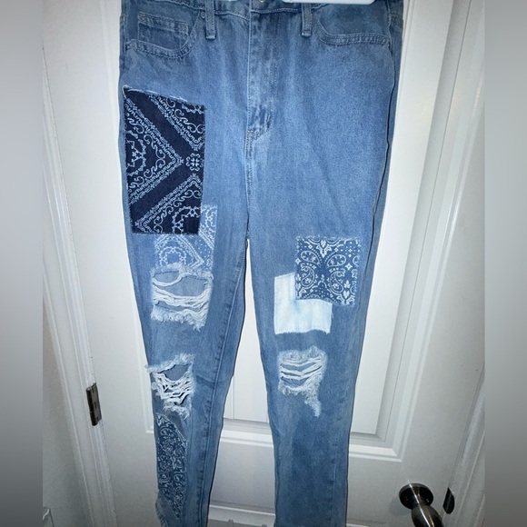 Simple Society Bandana Patchwork Jeans Women's 7/28 High Rise Distressed - Picture 3 of 14